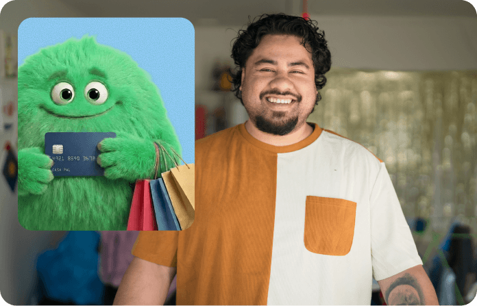 A smiling man beside the CashPal mascot with a card