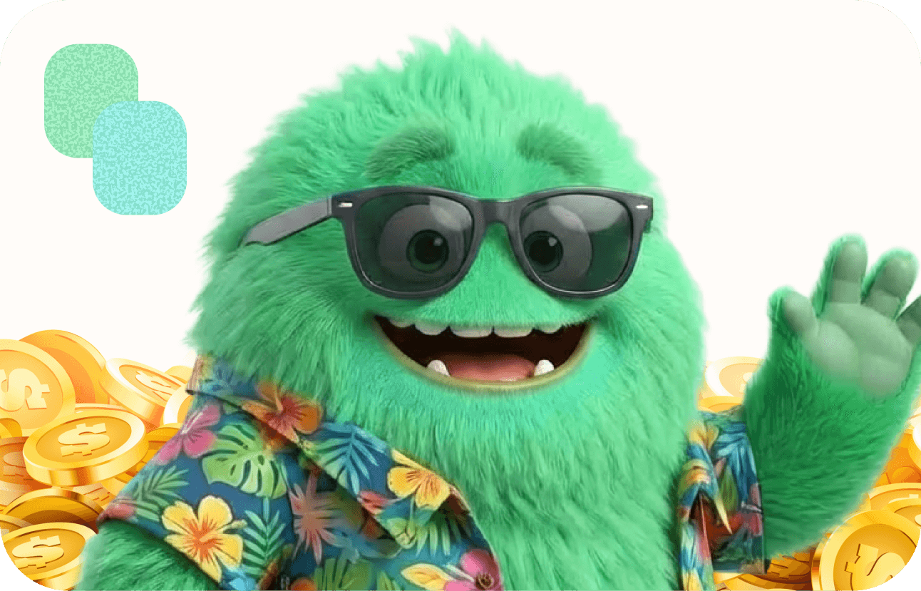 The CashPal mascot in sunglasses surrounded by gold coins